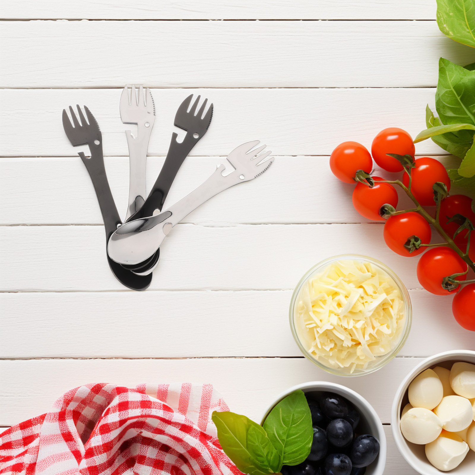 Camp Spork Set - ชุดอุปกรณ์รับประทานอาหารสำหรับตั้งแคมป์ 4 ชิ้น สแตนเลสอเนกประสงค์ พร้อมที่เปิดขวด พกพาสะดวกสำหรับการเดินทาง