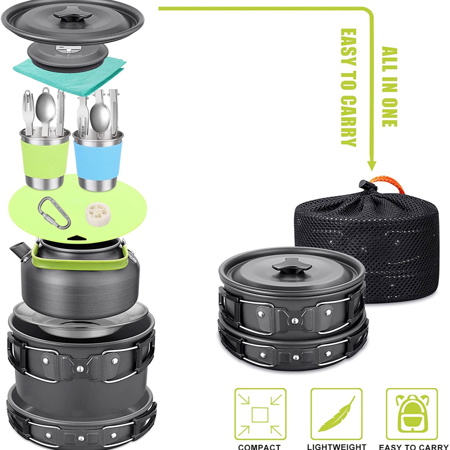 Camping Cooking Set With Kettle - ชุดทำอาหารสำหรับตั้งแคมป์กลางแจ้งพร้อมกาต้มน้ำ, ชุดภาชนะสแตนเลส 304, อุปกรณ์แบ็คแพ็คน้ำหนักเบา