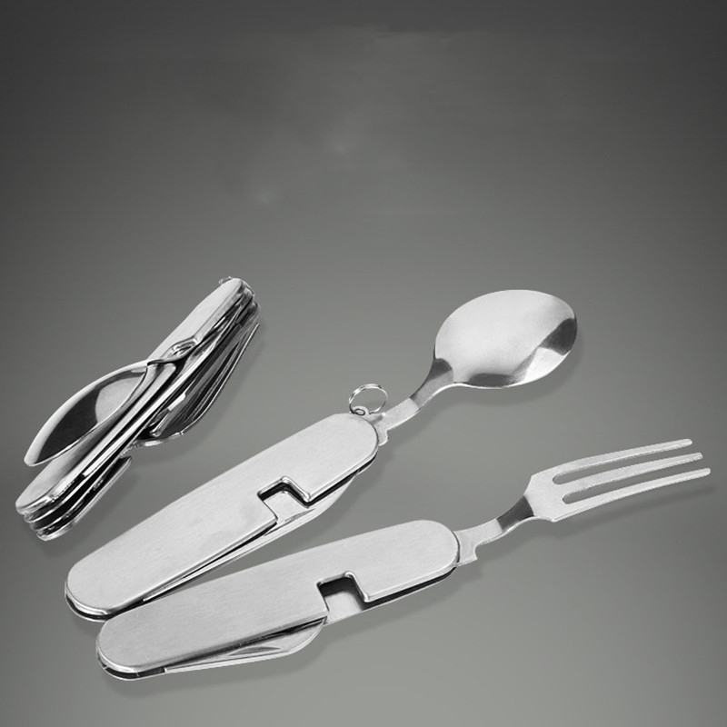Camping Cooking Set For 4 - 4ใน1ชุด Camping อุปกรณ์ทำอาหารช้อนสแตนเลสสตีลพับชุดชุดปิกนิกเดินป่าเครื่องมือ