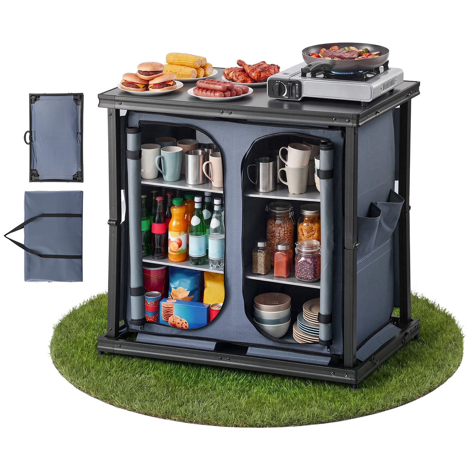 Camping Cooking Set Compact - ตู้เก็บของพับได้สำหรับตั้งแคมป์, โต๊ะอลูมิเนียมน้ำหนักเบาแบบพกพาสำหรับใช้งานกลางแจ้ง, สถานีทำอาหารขนาดกะทัดรัดติดตั้งง่าย, พร้อมชั้นวาง 6 ชั้นและกระเป๋าหิ้ว,