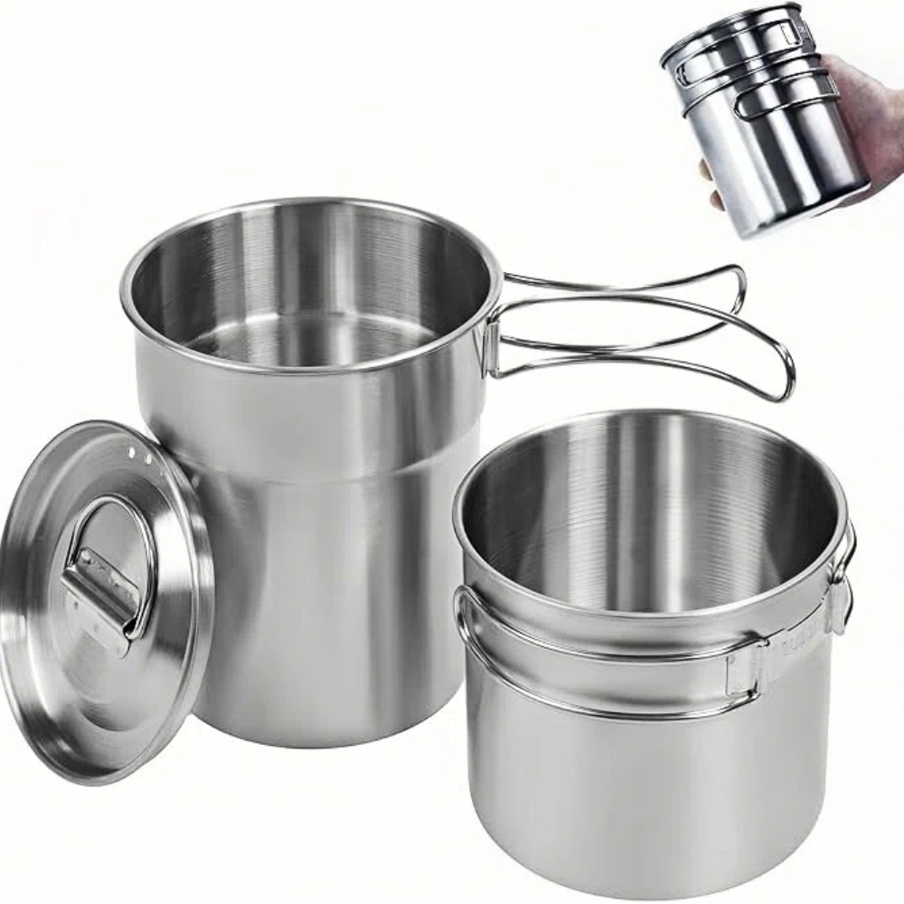 Camping Cooking Bag - แก้วพับได้สำหรับแคมป์ปิ้ง หม้อและอุปกรณ์ทำอาหารสำหรับแคมป์ปิ้ง เกรดอาหาร 304 ชุดทำอาหารกลางแจ้งพร้อมฝาแบบมีช่องระบายอากาศ ทำจากสแตนเลส
