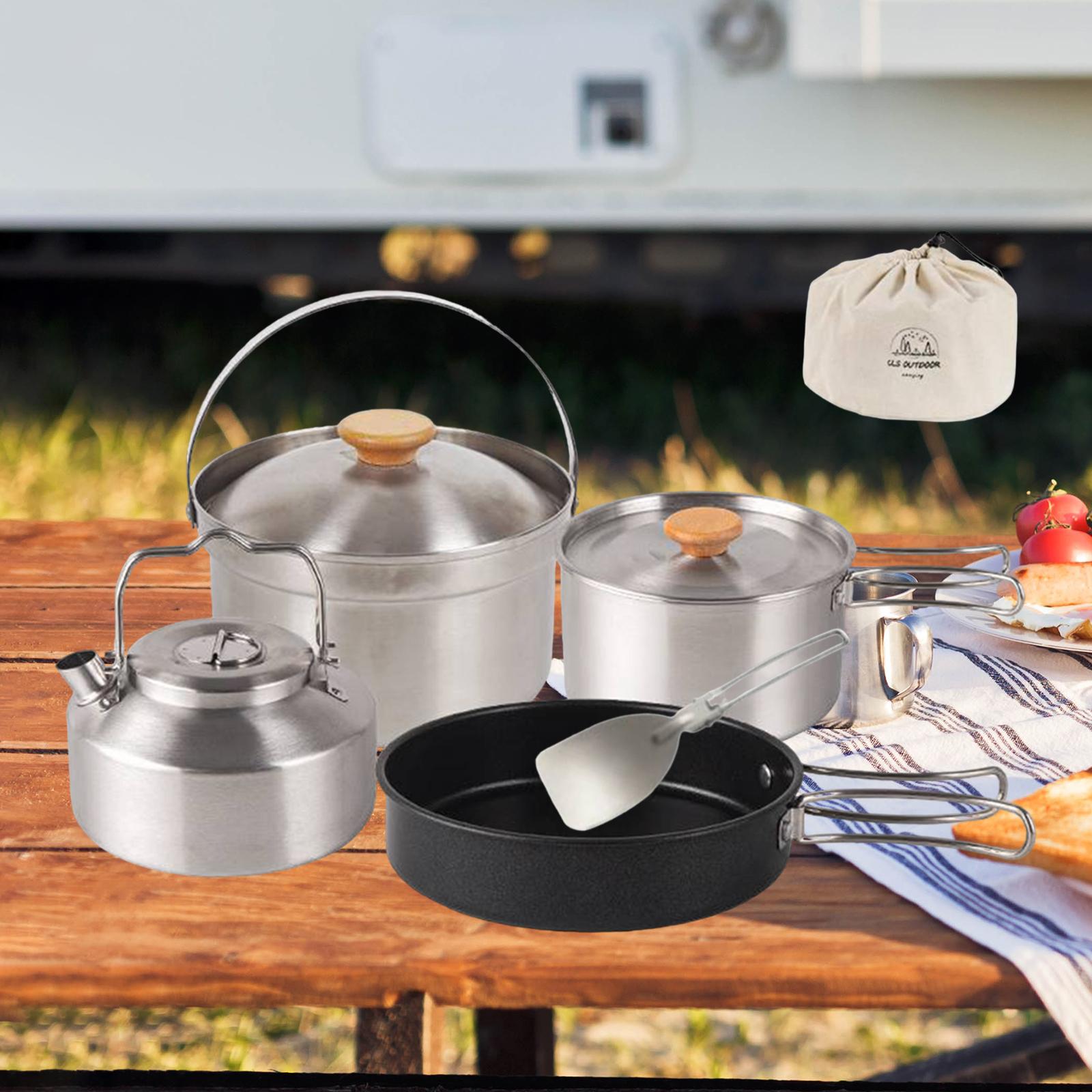 Camping Cooking Set With Kettle - ชุดเครื่องครัวสำหรับตั้งแคมป์ อุปกรณ์ทำอาหารแบบพกพา กระทะเคลือบกันติด กาต้มน้ำ กาต้มน้ำไฟฟ้า ด้ามจับพับได้