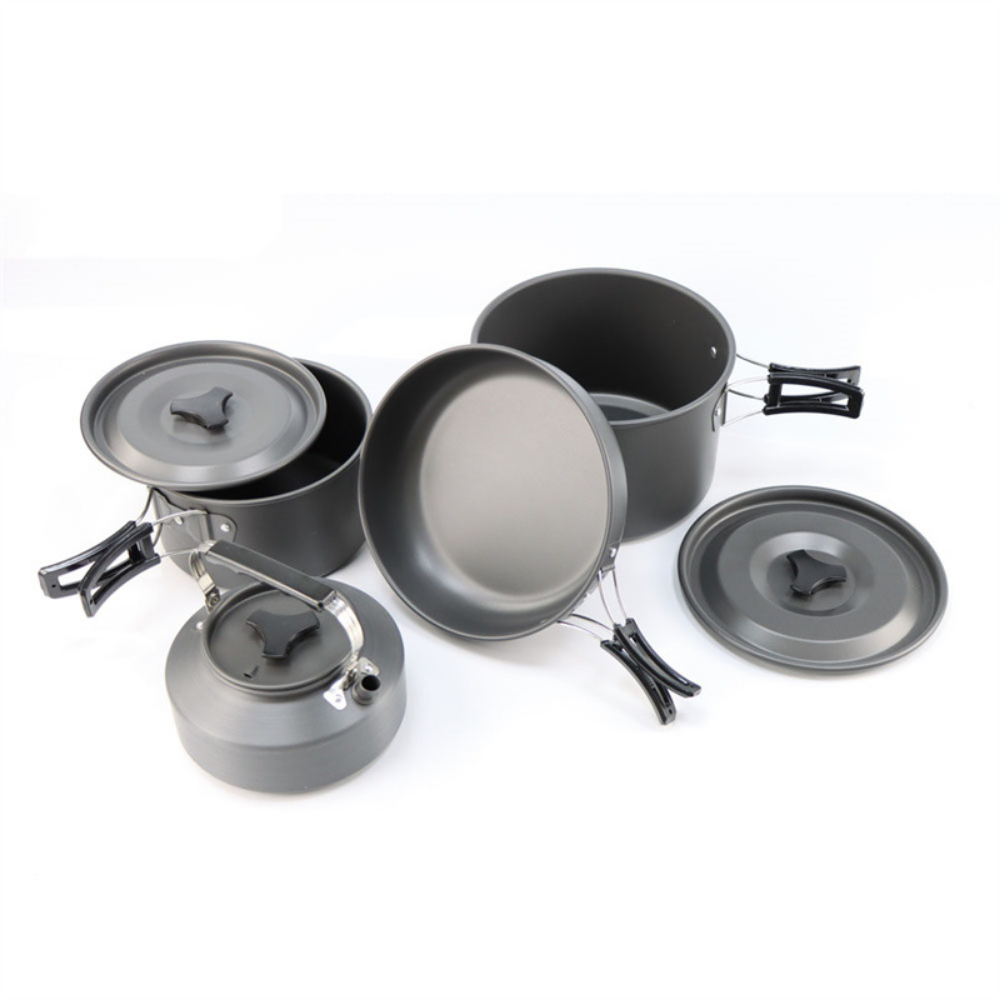Camping Cooking Easy - ชุดเครื่องครัวแคมป์ปิ้งอลูมิเนียมอัลลอยน้ำหนักเบาสำหรับกิจกรรมกลางแจ้ง ชุดหม้อขนาดใหญ่ 2-4 ใบ ซ้อนกันได้ พกพาสะดวก