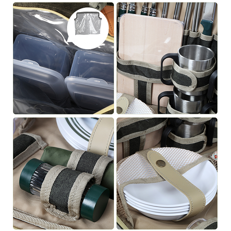 Camping Cooking Set For 4 - ชุดอุปกรณ์รับประทานอาหารสำหรับตั้งแคมป์หรูหราแบบพกพา ชุดจานชามสำหรับกิจกรรมกลางแจ้ง พร้อมกระเป๋าเก็บความร้อน อุปกรณ์ทำอาหารสำหรับแคมป์ปิ้ง สำหรับ 4