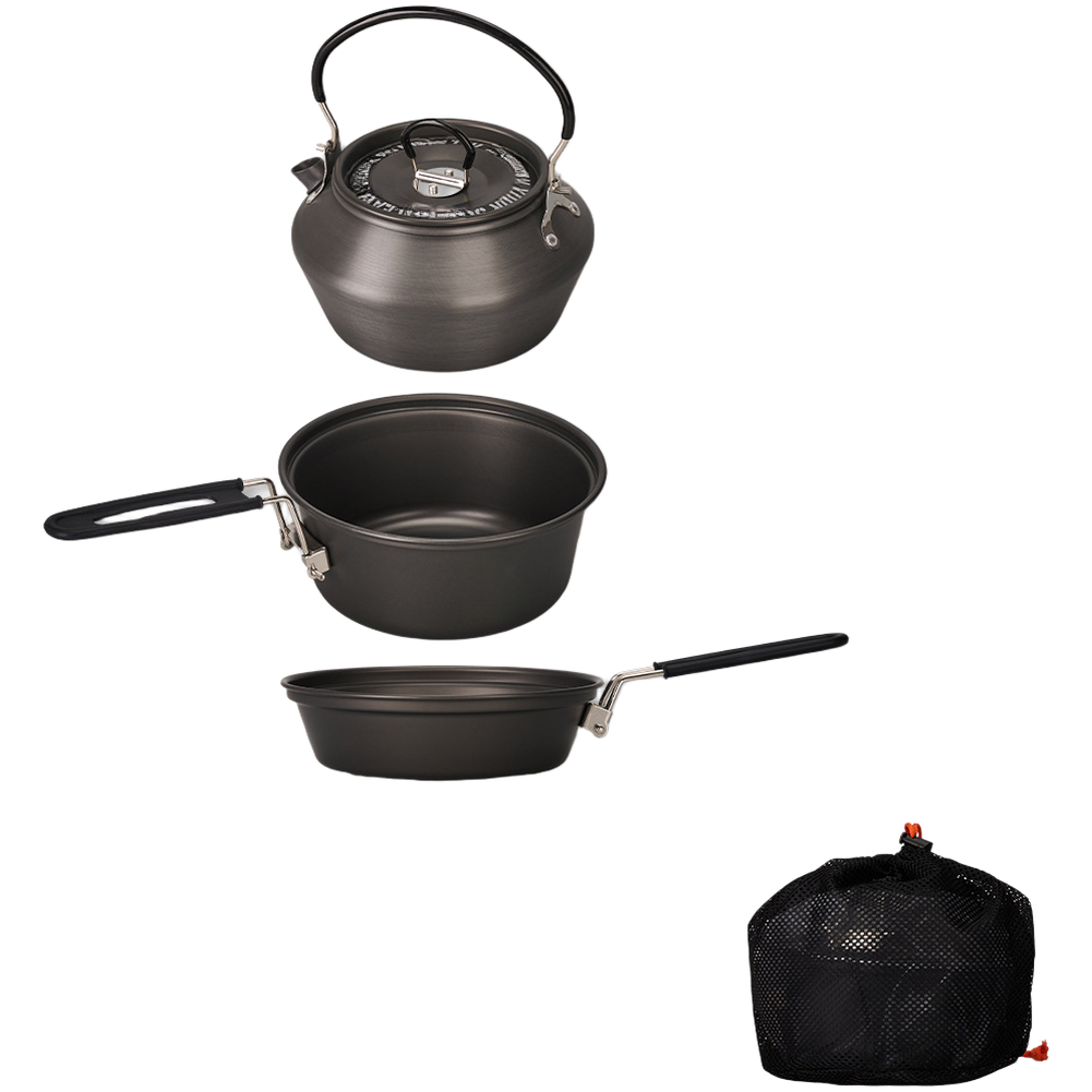 Camping Cooking Set With Kettle - ชุดเครื่องครัวแคมป์ปิ้งอลูมิเนียมอัลลอยน้ำหนักเบา 3 ชิ้น หม้อ กระทะ กาต้มน้ำ
