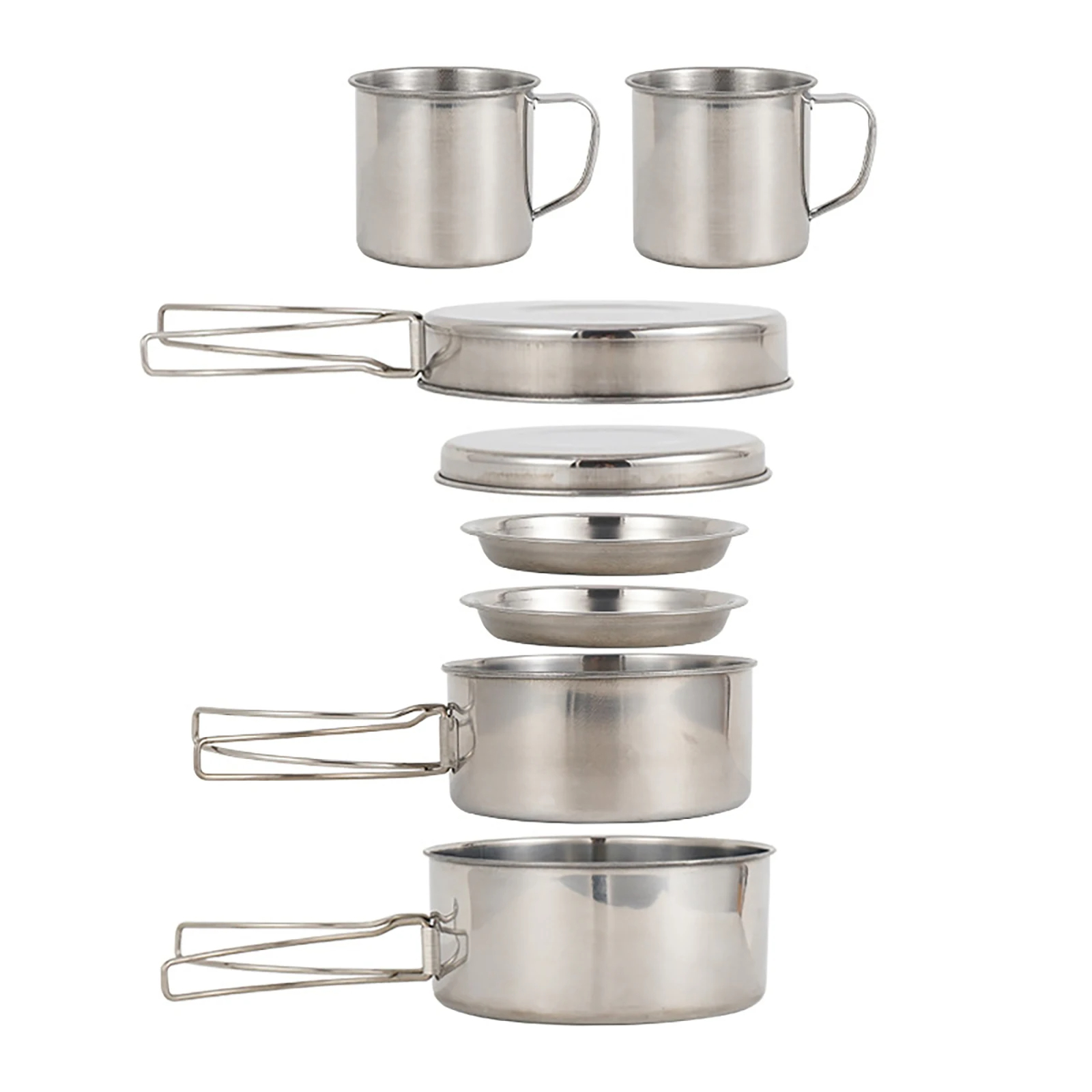 Camping Cooking Full Set - ชุดเครื่องครัวแคมป์ปิ้ง 8 ชิ้น/ชุด ทำจากสแตนเลส ประกอบด้วยหม้อและกระทะ พร้อมจานและแก้ว