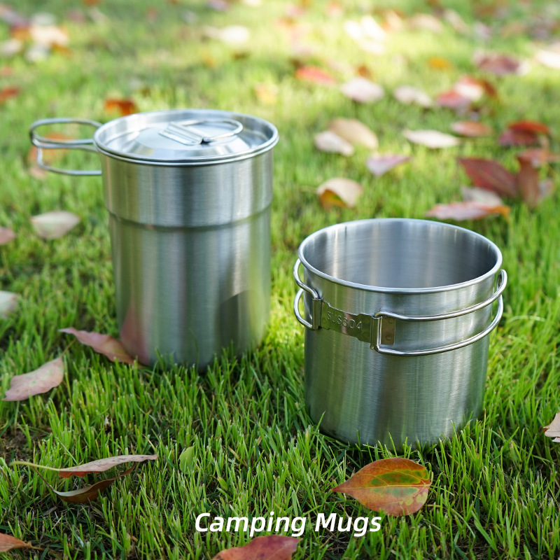 Camping Cooking Set With Kettle - 2 ชิ้น/เซ็ตกาต้มน้ําตั้งแคมป์สแตนเลสกาต้มน้ําทําอาหารตั้งแคมป์หม้อแบบพกพากลางแจ้งตั้งแคมป์แบกเป้หม้อที่มีด้ามจับพับ