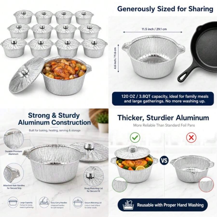 Camping Cooking Pack - ชุดหม้อใช้แล้วทิ้งพร้อมฝาปิด 12 ชิ้น, ถาดฟอยล์สำหรับการตั้งแคมป์ อบ และทำอาหาร