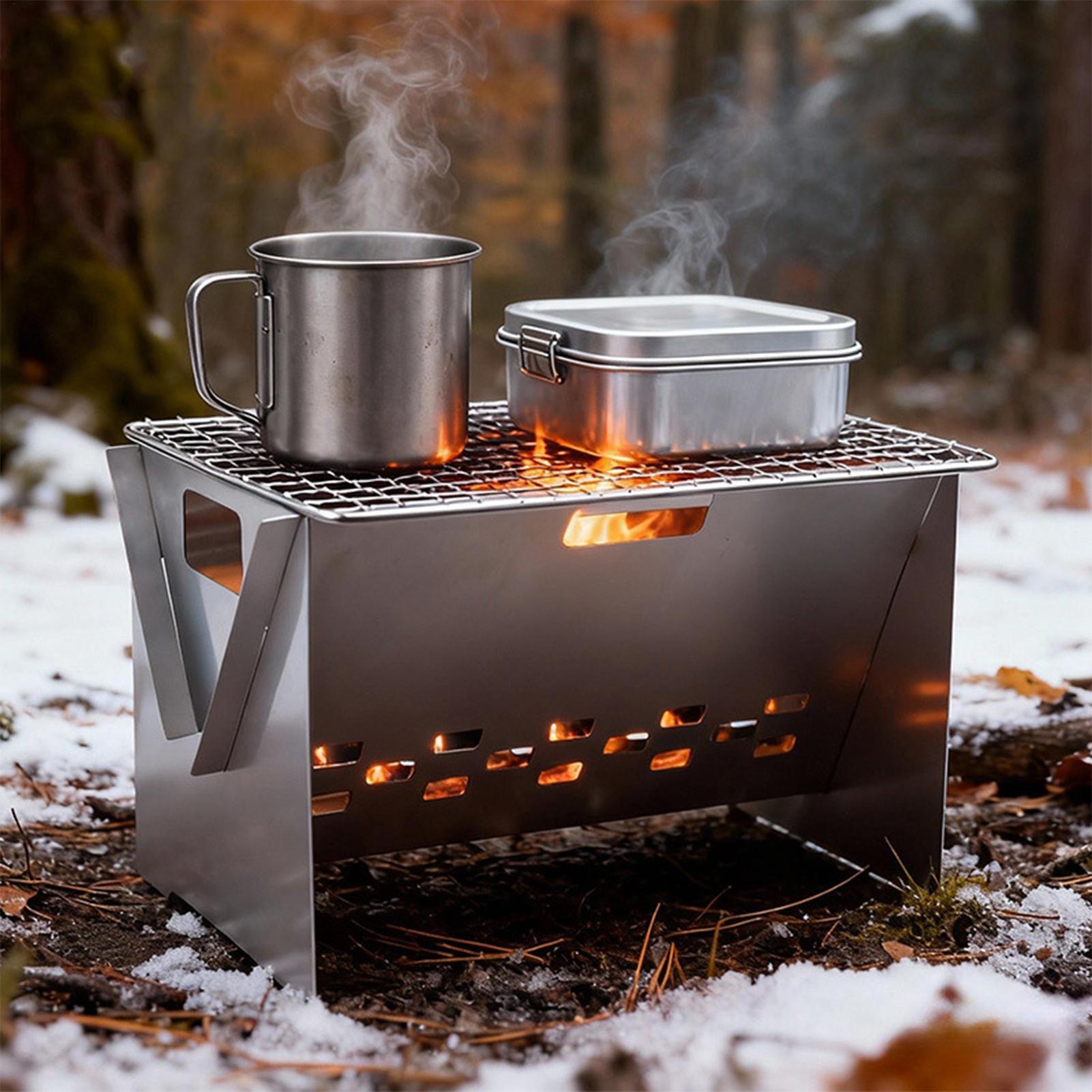 Camping Cooking Set Compact - เตาถ่านพับได้แบบพกพา สเตนเลสสตีลขนาดกะทัดรัด สำหรับตั้งแคมป์ น้ำหนักเบา เหมาะสำหรับทำบาร์บีคิวกลางแจ้ง ปิกนิก