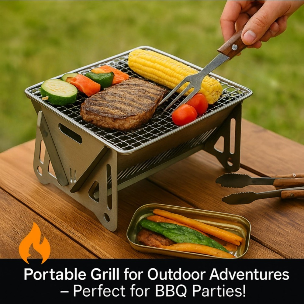 Camping Cooking Set Compact - เตาย่างบาร์บีคิวถ่านแบบพกพา เตาย่างทําอาหารกลางแจ้งขนาดกะทัดรัดพับได้สําหรับการตั้งแคมป์ ปิกนิก สนามหลังบ้าน - ขนาดเล็กและทนทาน