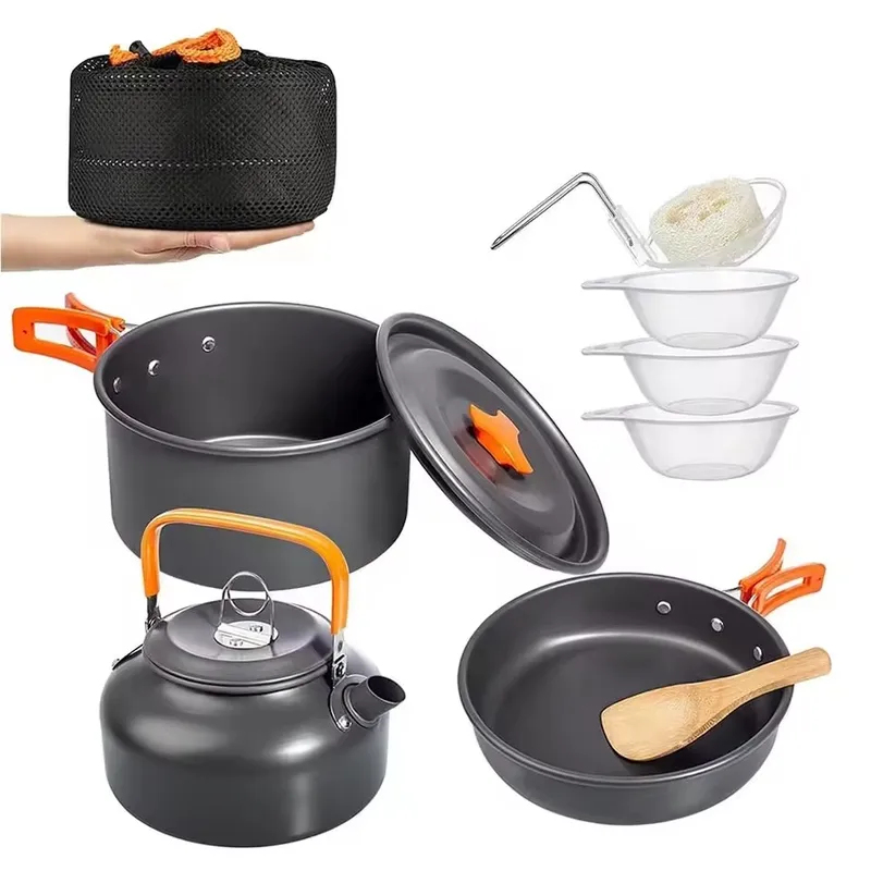 Camping Cooking Set With Kettle - ชุดแคมป์ปิ้งอลูมิเนียมอัลลอยด์สำหรับใช้งานกลางแจ้ง, ชุดพกพาสามชิ้นพร้อมด้ามจับพับได้, กระทะ, หม้อทอด, กาต้มน้ำ, อุปกรณ์ทำอาหารสำหรับแคมป์ปิ้ง
