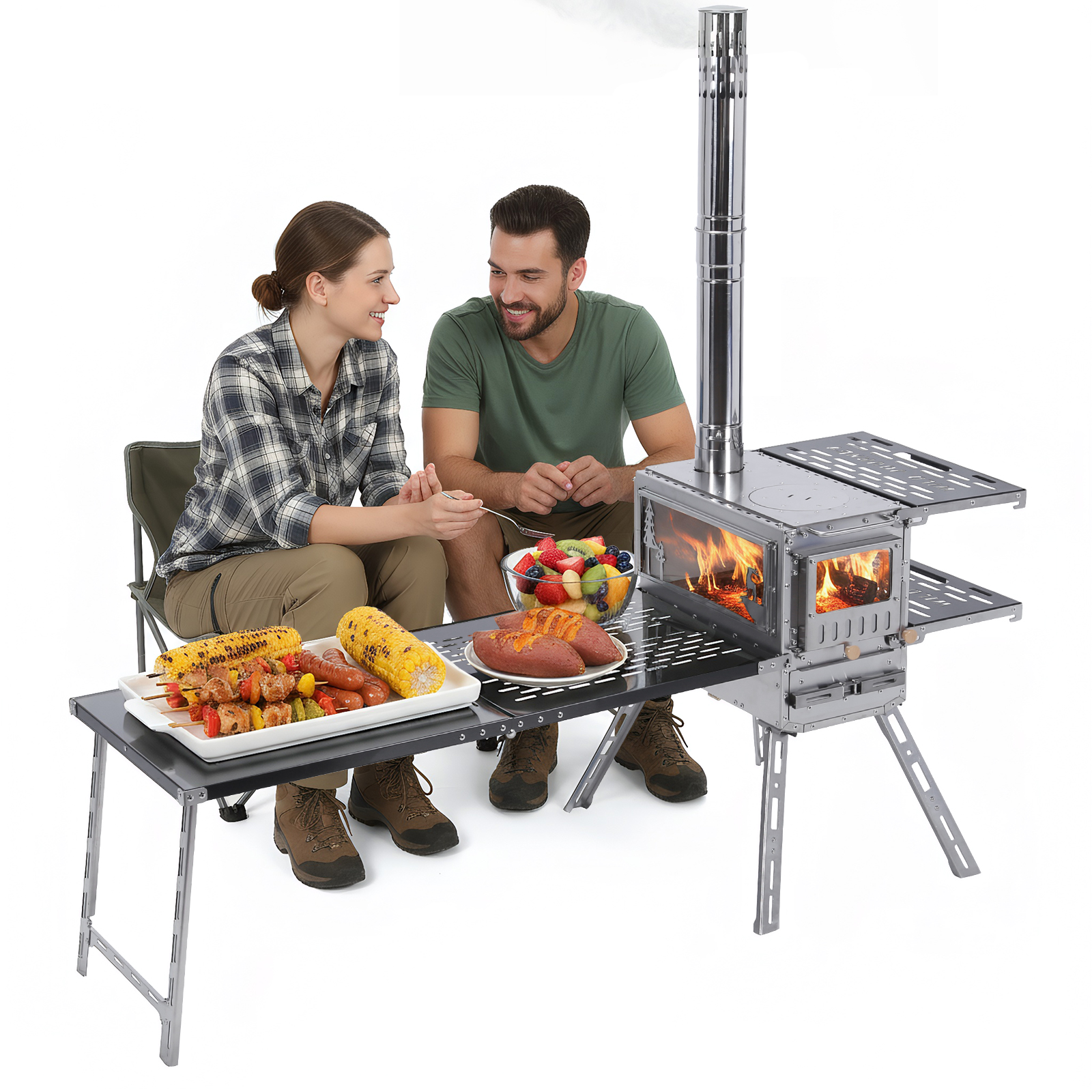 Camping Cooking Ovens - เตาแคมป์ปิ้งพร้อมเตาอบและโต๊ะแคมป์ปิ้งพร้อมท่อปล่องไฟ เตาพกพาสแตนเลสสำหรับให้ความร้อน ทำอาหาร และล่าสัตว์