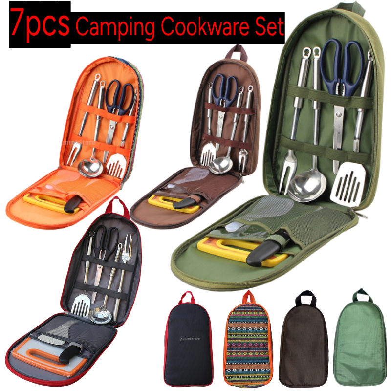 Camping Cooking Pack - ชุดเครื่องครัว7ชิ้นสำหรับตั้งแคมป์พร้อมกระเป๋าหิ้วบาร์บีคิวชายหาดเดินป่าเดินทางเก็บของอุปกรณ์ทำอาหาร