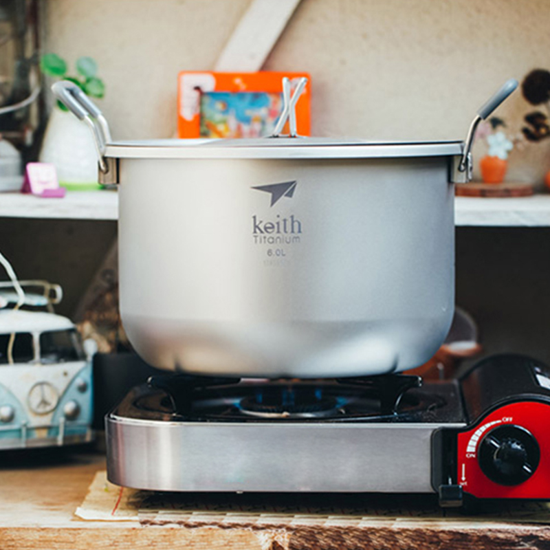 Camping Cooking Full Set - Keith-Camping ชุดทําอาหาร,เครื่องครัวไทเทเนียม Stockpot 6L,Bacteriostatic Flatware,เดินป่ากลางแจ้งปิคนิคหม้อไทเทเนียม