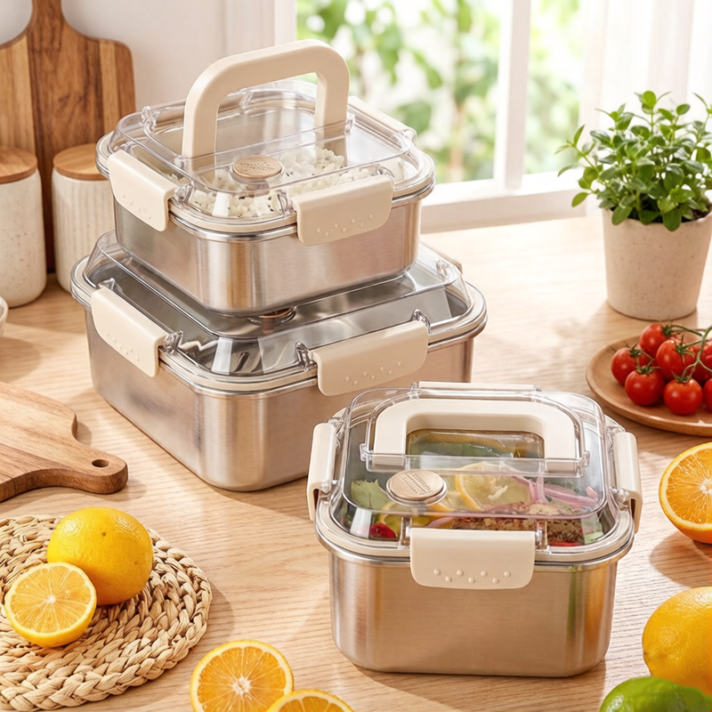 Camping Cooking Food - กล่องอาหารสแตนเลสขนาดใหญ่แบบพกพา กล่องอาหารกลางวันแบบปิดผนึกพร้อมที่จับ สำหรับแคมป์ปิ้งกลางแจ้ง ปิกนิก ผลไม้ สลัด