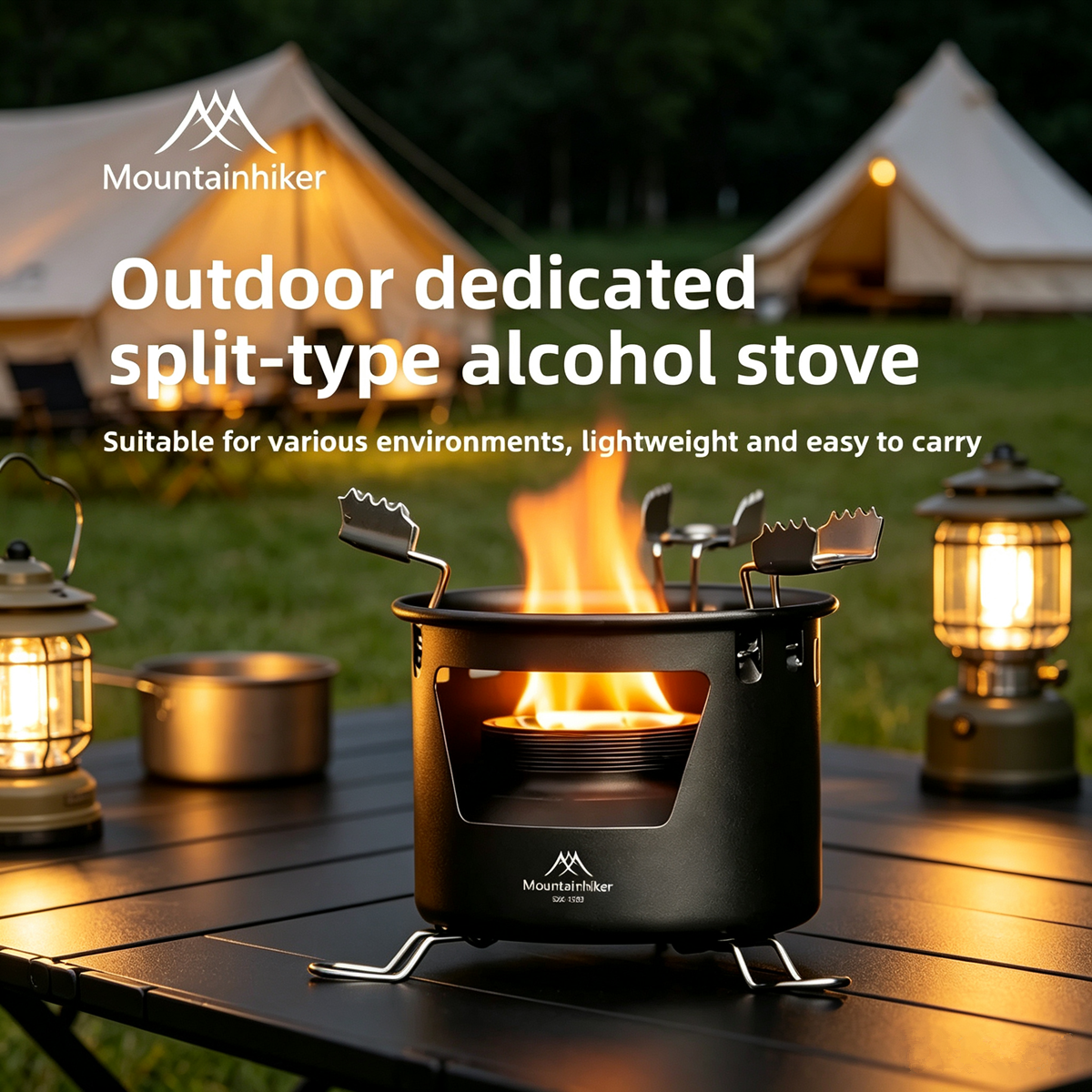 Camping Cooking On Fire - MOUNTAINHIKER เตาแอลกอฮอล์แบบพกพาสำหรับกิจกรรมกลางแจ้ง เตาต้มน้ำชาแบบของเหลวและของแข็ง อุปกรณ์เสริมสำหรับต้มน้ำและทำอาหารสำหรับการตั้งแคมป์