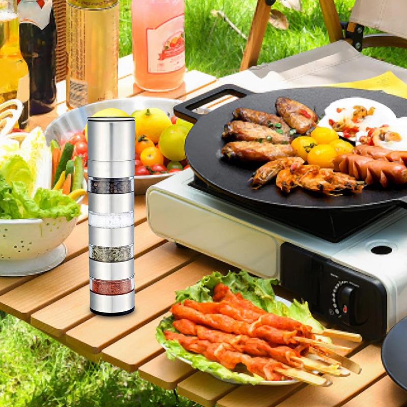 Camping Cooking Set For 4 - Travel ภาชนะปรุงรสเครื่องบดพริกไทย 4-in-1 แบบพกพาเกลือและพริกไทยชุดคอนเทนเนอร์สําหรับทําอาหารกลางแจ้ง Camping การเดินทาง