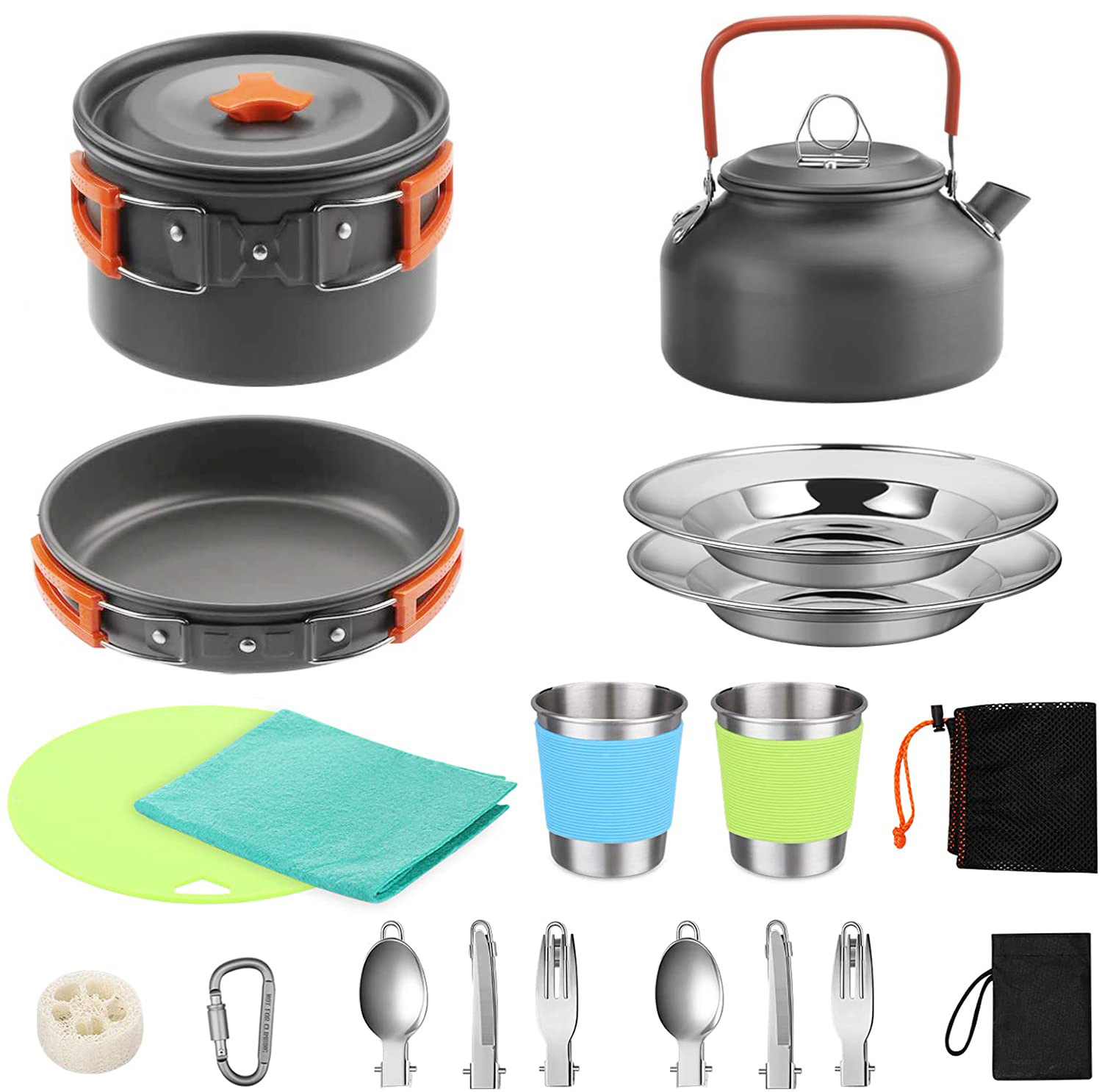 Camping Cooking Set With Kettle - ชุดเครื่องครัวสำหรับแคมป์ปิ้ง 2-3 คน หม้ออะลูมิเนียม ฝาปิดสแตนเลส ใช้ได้กับเตาแก๊ส