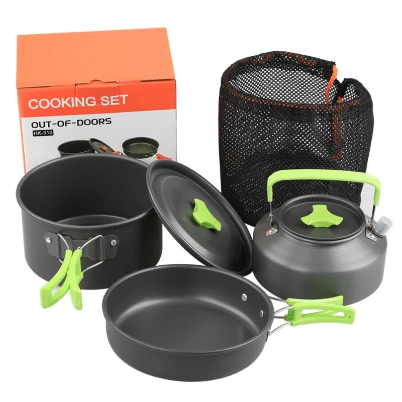 Camping Cooking Set With Kettle - ชุดทำอาหารสำหรับตั้งแคมป์, ชุดเครื่องครัวสำหรับกิจกรรมกลางแจ้ง, ชุดเครื่องครัวอะลูมิเนียมแบบพกพา หม้อ ชาม กาต้มน้ำ