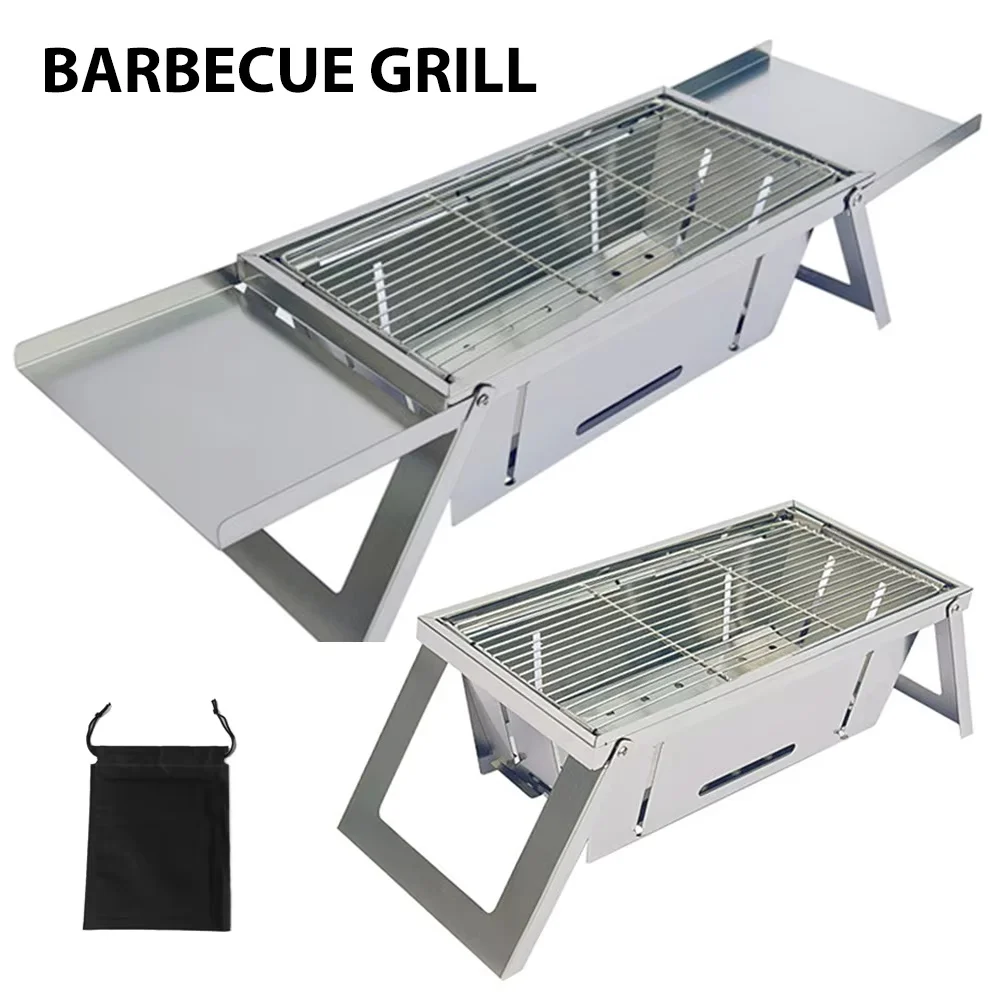 Camping Cooking Set Compact - เตาบาร์บีคิวพกพาสแตนเลสแบบพับได้สำหรับใช้กลางแจ้ง เตาถ่านขนาดกะทัดรัดสำหรับตั้งแคมป์ปิกนิก พร้อมตะแกรงเสียบย่าง ชุดบาร์บีคิวสำหรับเดินทาง