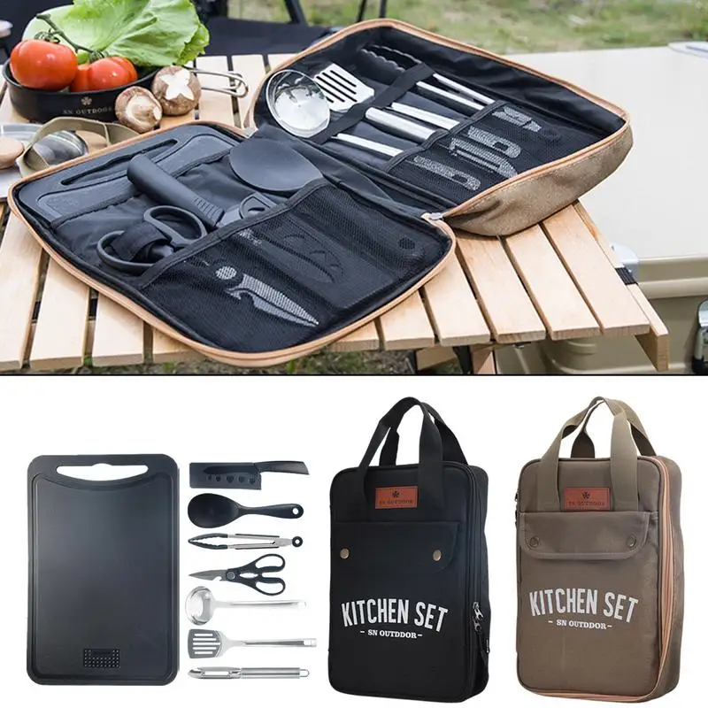Camping Cooking Full Set - ชุดเครื่องครัวแคมป์ปิ้ง 8 ชิ้น ชุดอุปกรณ์ทำอาหารพกพาสำหรับเดินทางกลางแจ้ง ทำจากสแตนเลส สำหรับทำอาหารและปิ้งย่าง