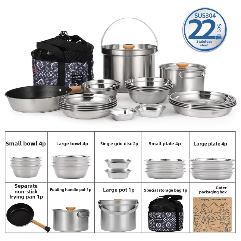 Camping Cooking Full Set - NOBANA ใหม่ล่าสุดกลางแจ้งชุดหม้อสแตนเลส Camping ครอบครัวชุดหม้อ 5L แบบพกพาปิคนิคซุปหม้อทอดนึ่งหม้อในครัวเรือน