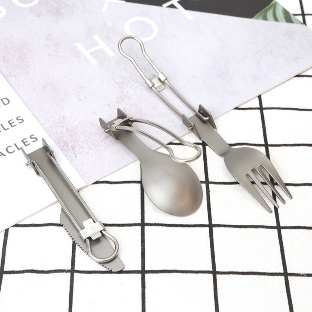 Camp Spork Set - ชุดช้อนส้อมพับได้ไทเทเนียมขัดเงาครึ่งชิ้นน้ำหนักเบาพับได้กลางแจ้งชุดอาหารชุดเดินทางช้อนส้อมตั้งแคมป์แบบพกพา