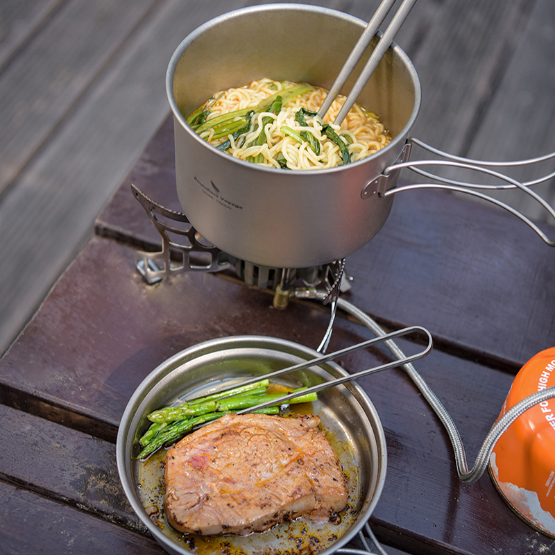 Camping Cooking Set With Kettle - กระทะหม้อไทเทเนียม Voyage ไร้ขอบเขต, ด้ามจับพับ, ชุดทําอาหารปิคนิคตั้งแคมป์กลางแจ้ง, เหมาะสําหรับเตาแม่เหล็กไฟฟ้า