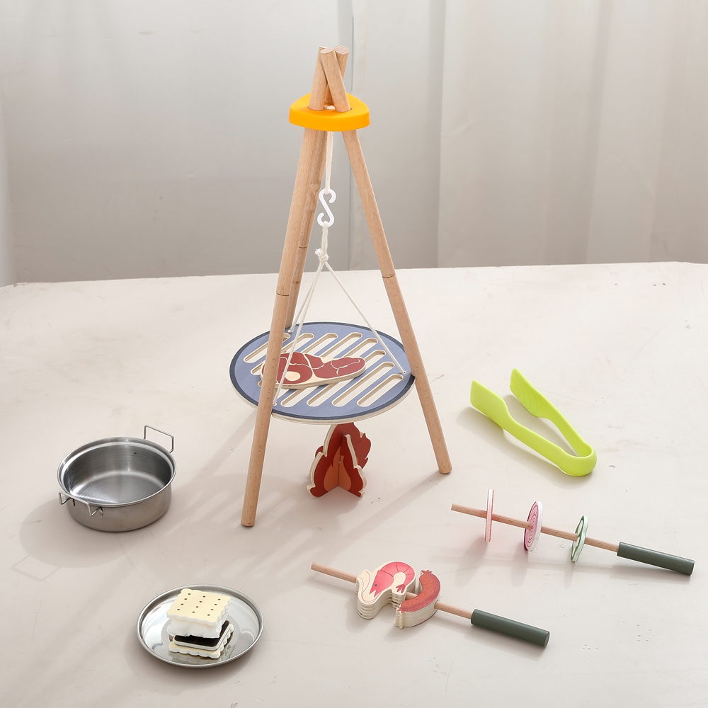 Camping Cooking Set For 4 - ชุดของเล่นทำอาหารมอนเตสซอรี่ ของเล่นไม้สำหรับตั้งแคมป์กลางแจ้ง ชุดของเล่นเตาบาร์บีคิวไม้ บล็อก ของเล่นบ้านจำลอง เกมส์
