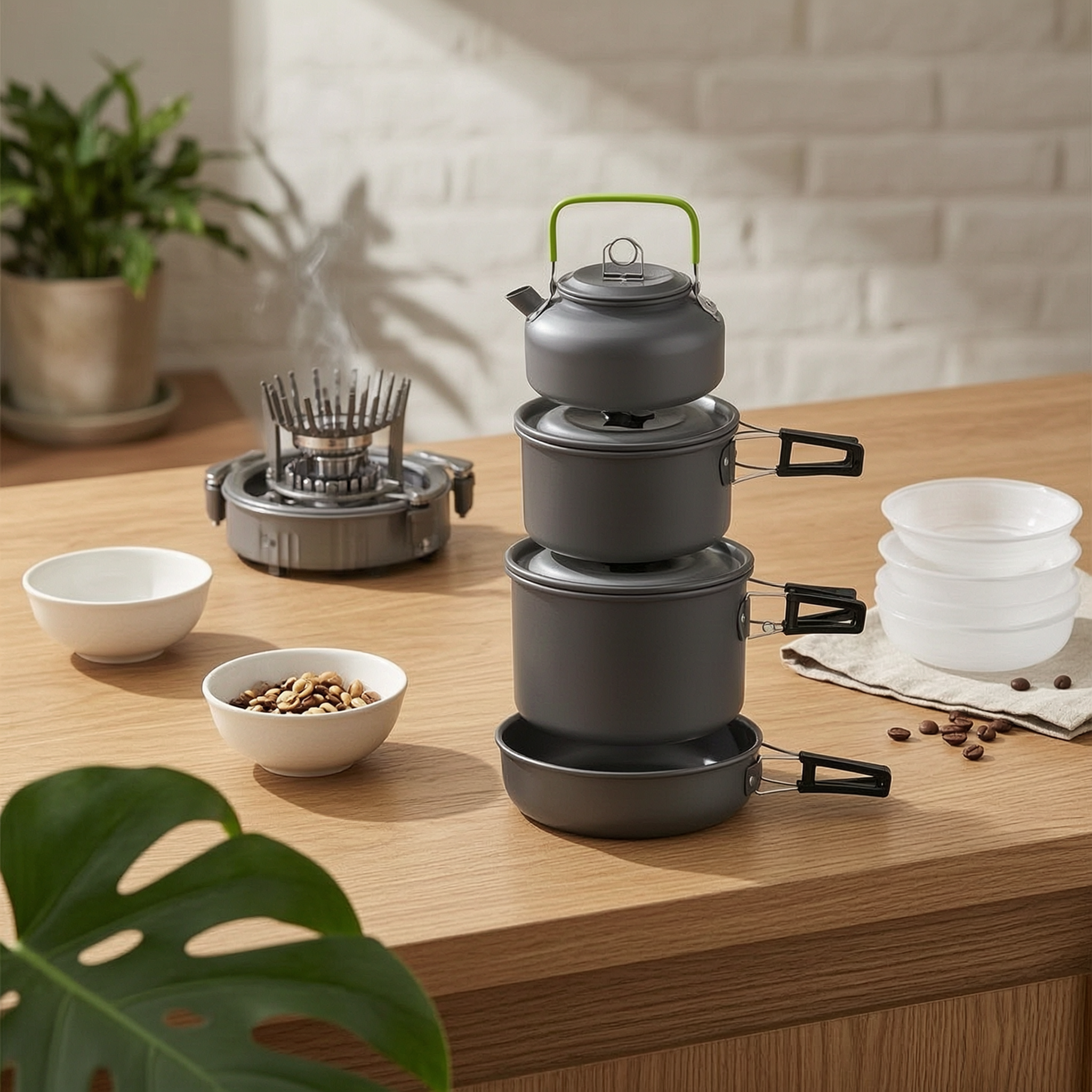 Camping Cooking Set With Kettle - ชุดอุปกรณ์ทำอาหารสำหรับตั้งแคมป์พร้อมกาต้มน้ำ ชุดเครื่องครัวสำหรับตั้งแคมป์ขนาดกะทัดรัด ชุดเครื่องครัวสำหรับตั้งแคมป์ หม้อและกระทะพับเก็บได้ ซ้อนกันได้