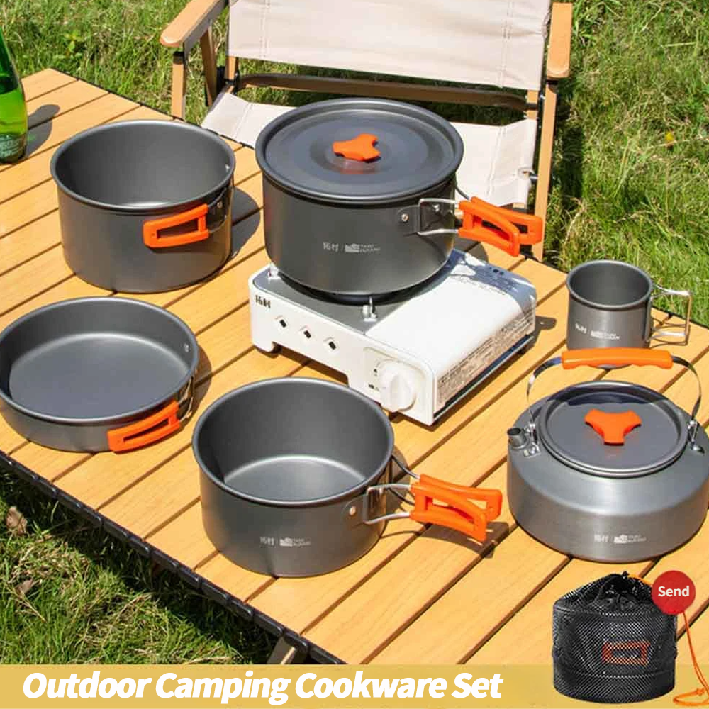 Camping Cooking Set With Kettle - ชุดเครื่องครัวสำหรับตั้งแคมป์ ชุดหม้ออะลูมิเนียมน้ำหนักเบาสำหรับทำอาหารกลางแจ้ง ชุดเครื่องครัวแบบพกพาสำหรับเดินทาง พร้อมถุงเก็บ