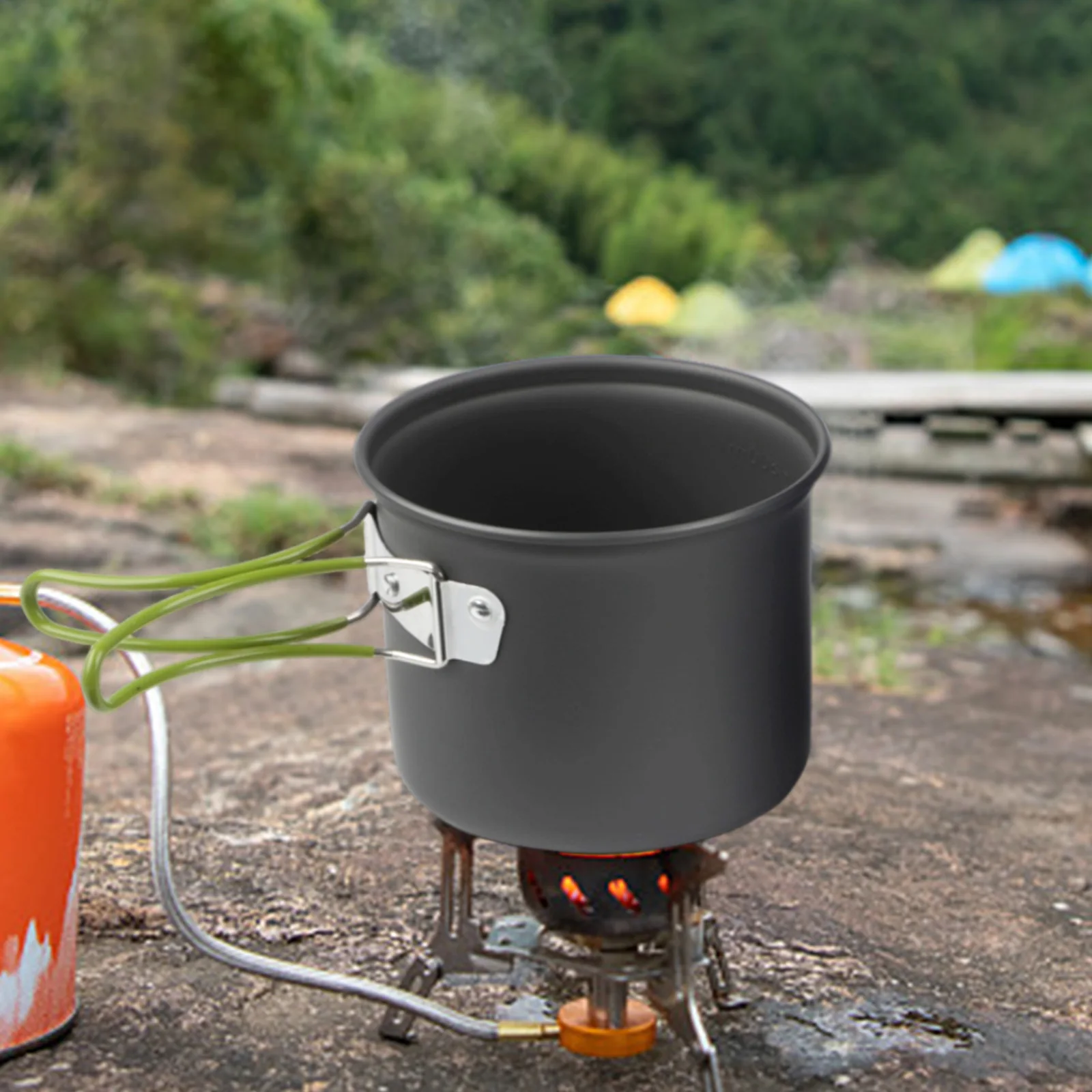 Camping Cooking Set Compact - ชุดหม้ออลูมิเนียมเคลือบอะโนไดซ์ ชุดหม้อสำหรับตั้งแคมป์ ชุดทำอาหารกลางแจ้งขนาดกะทัดรัด กระเป๋าตาข่ายสำหรับพกพา วัสดุทนทานต่อการสึกหรอ