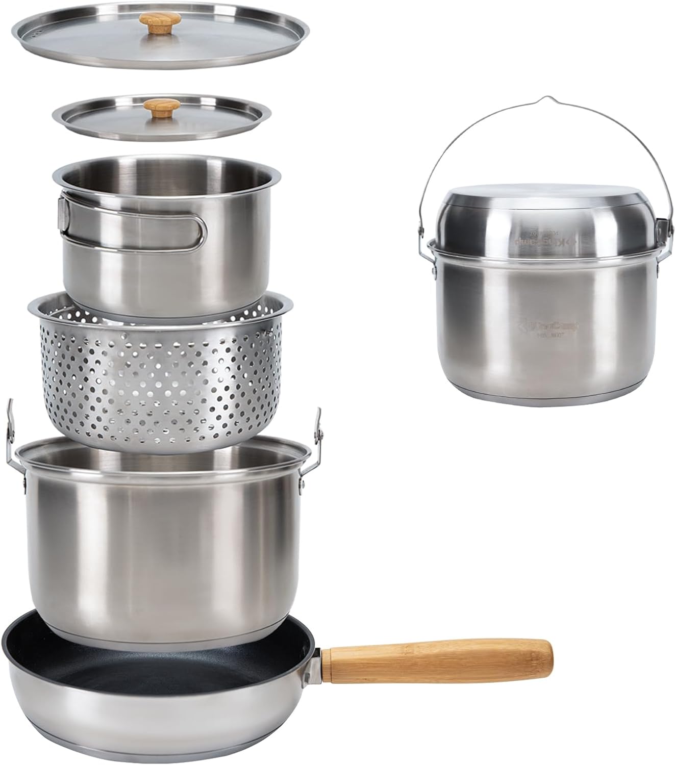 Camping Cooking Set With Kettle - ชุดเครื่องครัวแคมป์ปิ้งสแตนเลส 304 - หม้อ กระทะ และกาต้มน้ำสำหรับทำอาหารบนกองไฟ