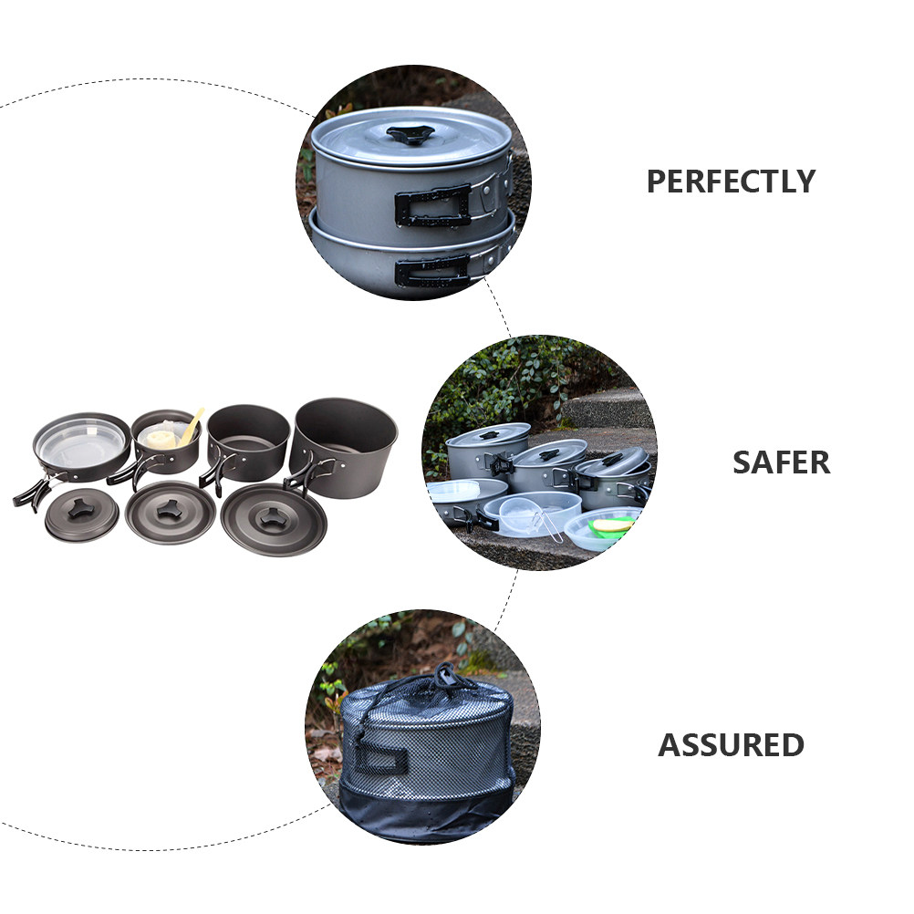 Camping Cooking Set Compact - 1 ชุดชุดเครื่องครัวแคมป์ปิ้งขนาดกะทัดรัดอุปกรณ์ทำอาหารกลางแจ้งสำหรับเดินป่าปิคนิคแบกเป้ 4-5 คนด้ามจับทนความร้อน ECO