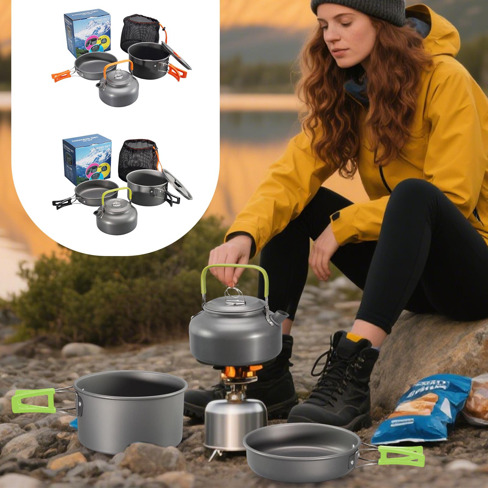 Camping Cooking Set With Kettle - ชุดเครื่องครัวสำหรับตั้งแคมป์ ชุดหม้อทำอาหารแบบไม่ติดกระทะ น้ำหนักเบา หม้อ กระทะ กาต้มน้ำ