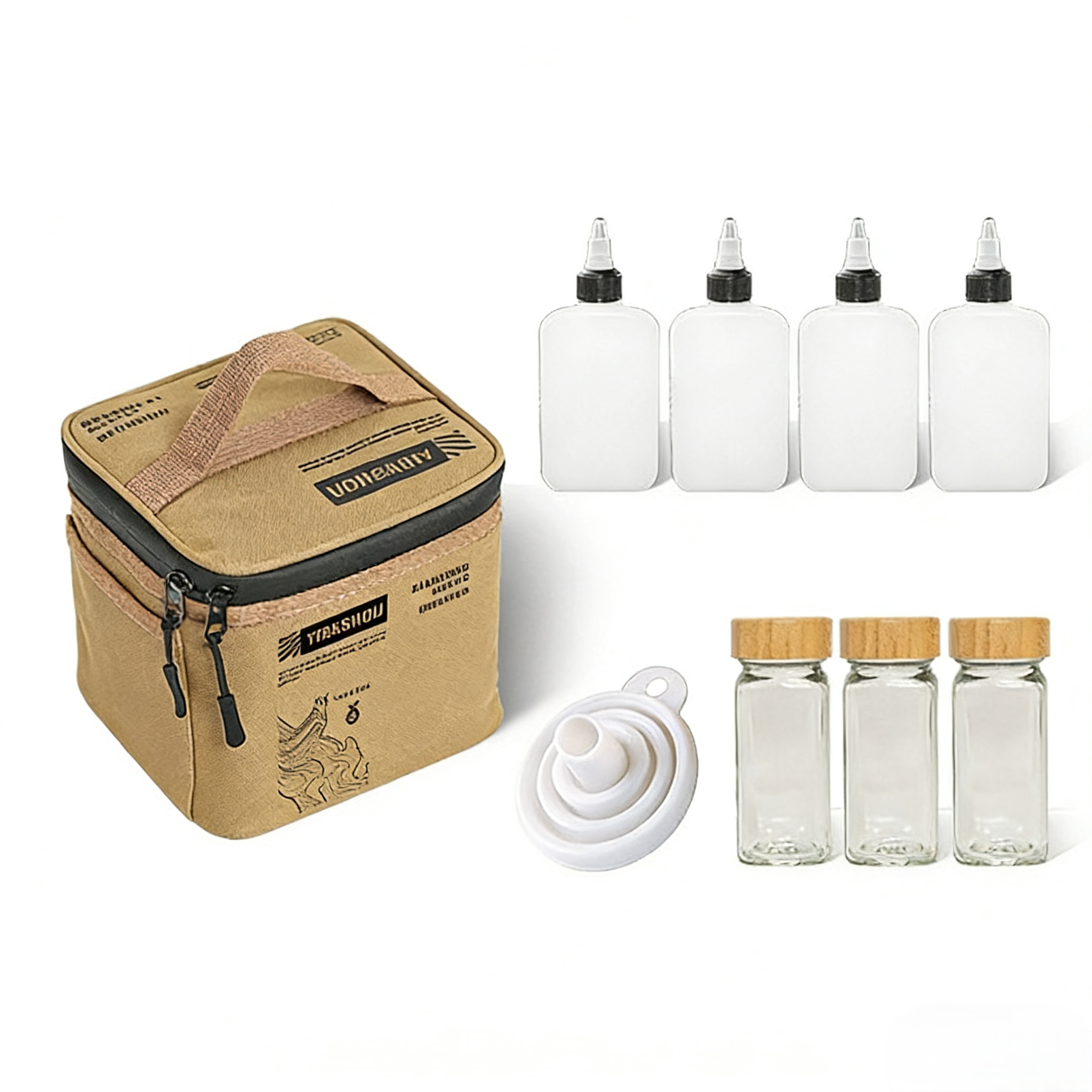Camping Cooking Materials - ชุดกระเป๋าจัดเก็บอุปกรณ์ครัวสำหรับตั้งแคมป์แบบพกพา วัสดุผ้าอ๊อกซ์ฟอร์ด สำหรับใส่ขวดน้ำมันและเครื่องปรุงรส พร้อมกรวย