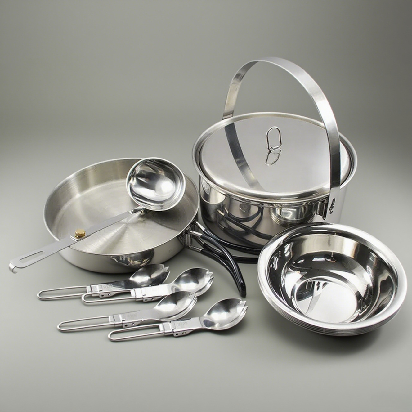 Camp Spork Set - 4P สแตนเลสสตีลชุดเครื่องครัวหม้อชาม Spork พับท่องเที่ยวปิคนิคเดินป่าทําอาหารบนโต๊ะอาหารกลางแจ้งอุปกรณ์