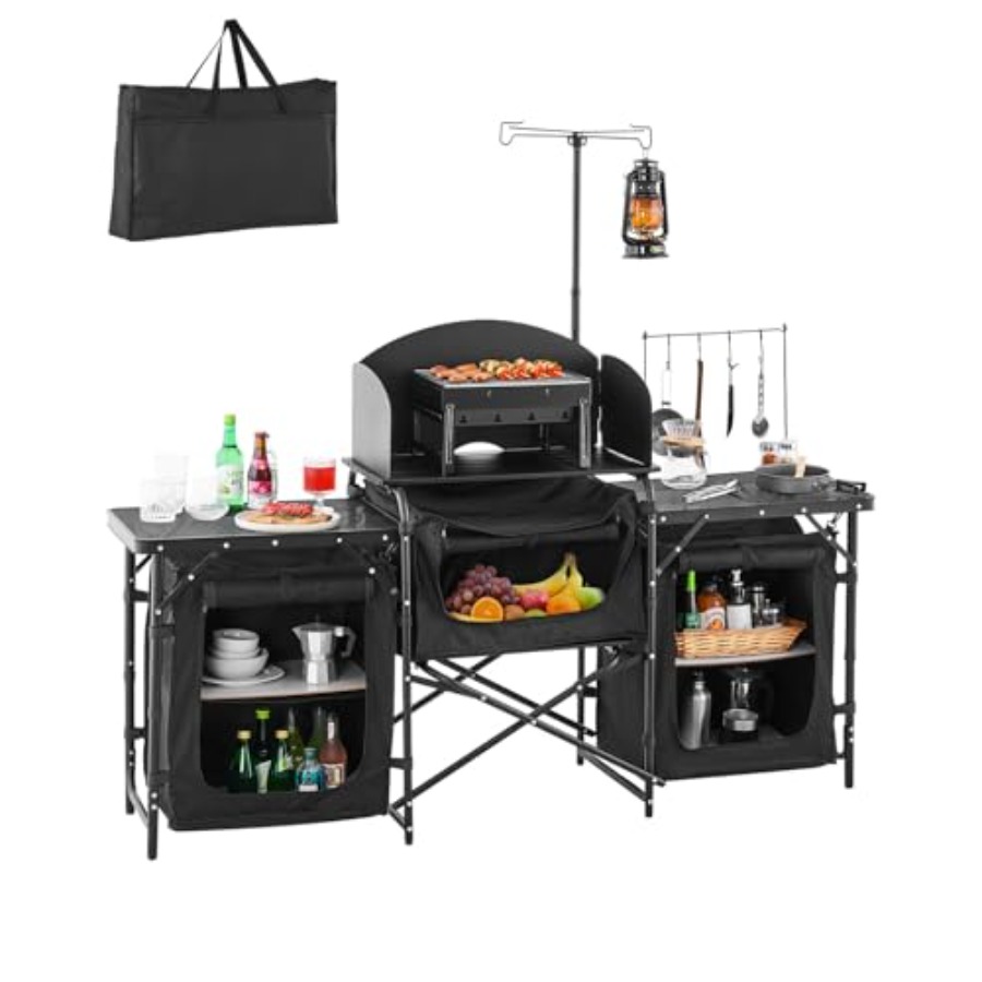 Camping Cooking Bag - โต๊ะครัวแคมป์ปิ้ง, โต๊ะทำอาหารกลางแจ้ง, สถานีทำอาหารแบบพกพาอะลูมิเนียมพร้อมตู้เก็บของ 3 ช่อง, กระเป๋าหิ้ว,