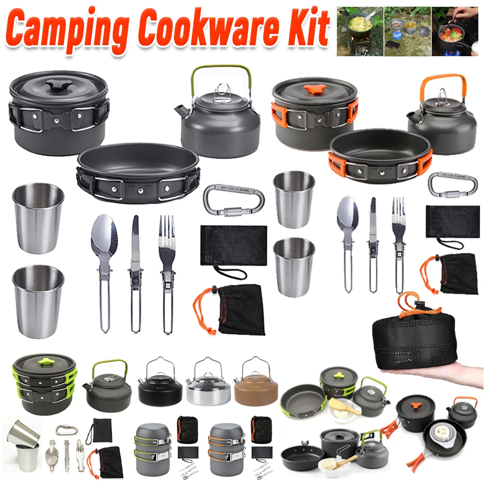Camping Cooking Set With Kettle - ชุดเครื่องครัวสำหรับตั้งแคมป์ กาต้มน้ำ หม้อ กระทะ ชุดเครื่องครัวแบบพกพา น้ำหนักเบา