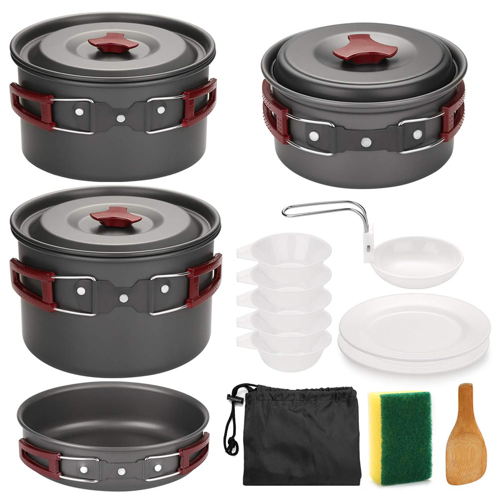 Camping Cooking Full Set - ชุดเครื่องครัวตั้งแคมป์กลางแจ้ง Non Stick Camping Pan กระทะน้ําหนักเบาชุดทําอาหารกระทะและหม้อสําหรับเดินป่าเดินป่าปิคนิค