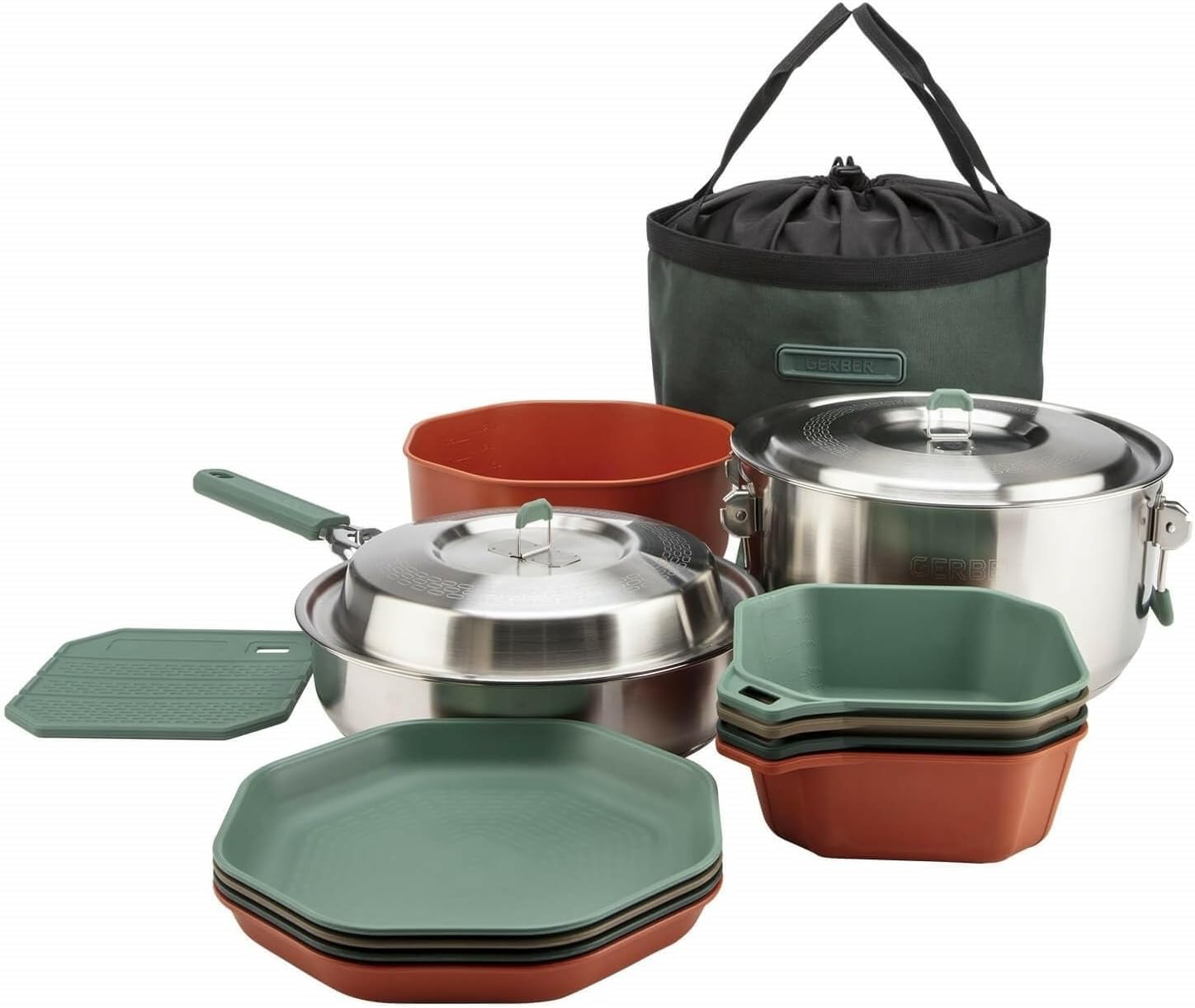 Camping Cooking Set For 4 - ชุดเครื่องครัวสำหรับทำอาหารกลางแจ้งและตั้งแคมป์ ปลอดภัยสำหรับเครื่องล้างจาน ประกอบด้วยกระทะผัด หม้อสต็อก จาน 4