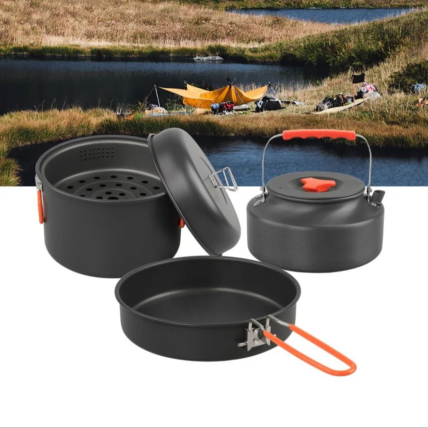 ชุดหม้อนึ่งหม้ออาหารสำหรับตั้ง - Camping Cooking Set With Kettle บทวิจารณ์และราคา