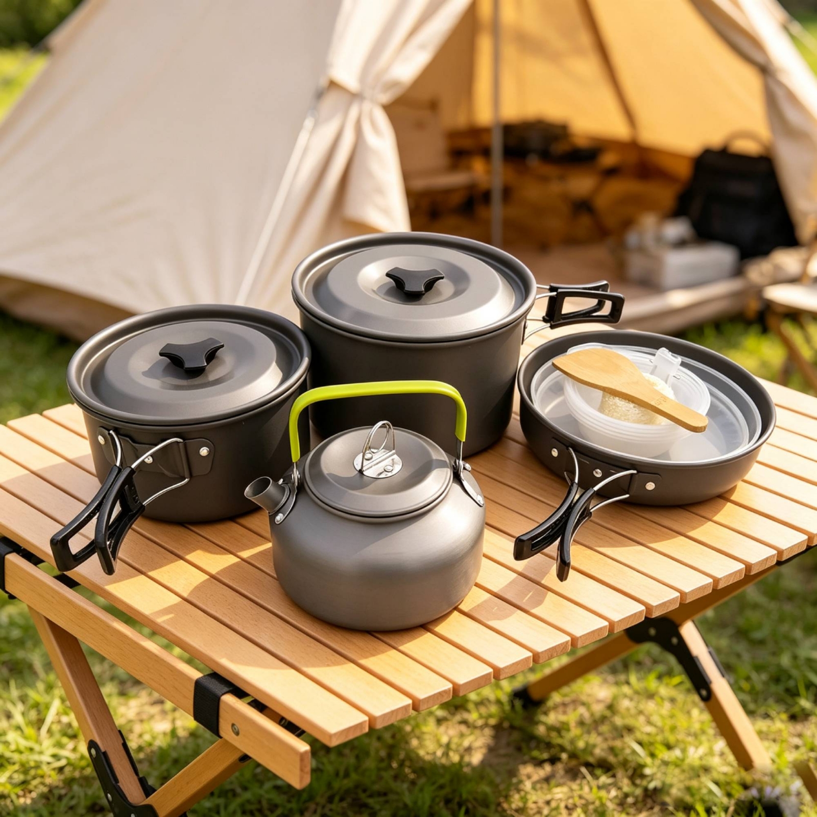 ชุดอุปกรณ์ทำอาหารสำหรับตั้งแคม - Camping Cooking Set With Kettle บทวิจารณ์และราคา