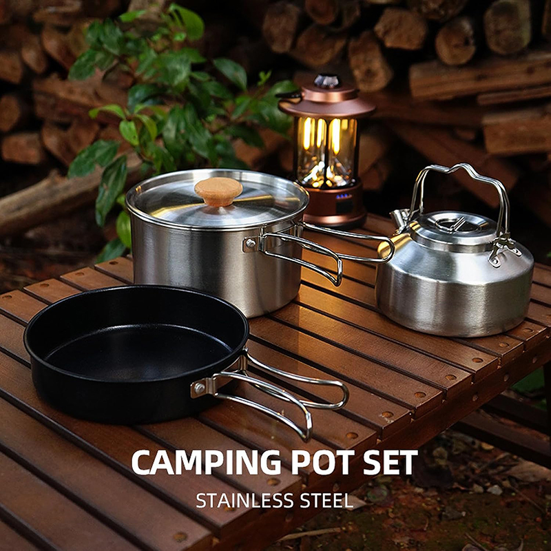 ชุดเครื่องครัวแคมป์ปิ้งสแตนเลส - Camping Cooking Set With Kettle บทวิจารณ์และราคา
